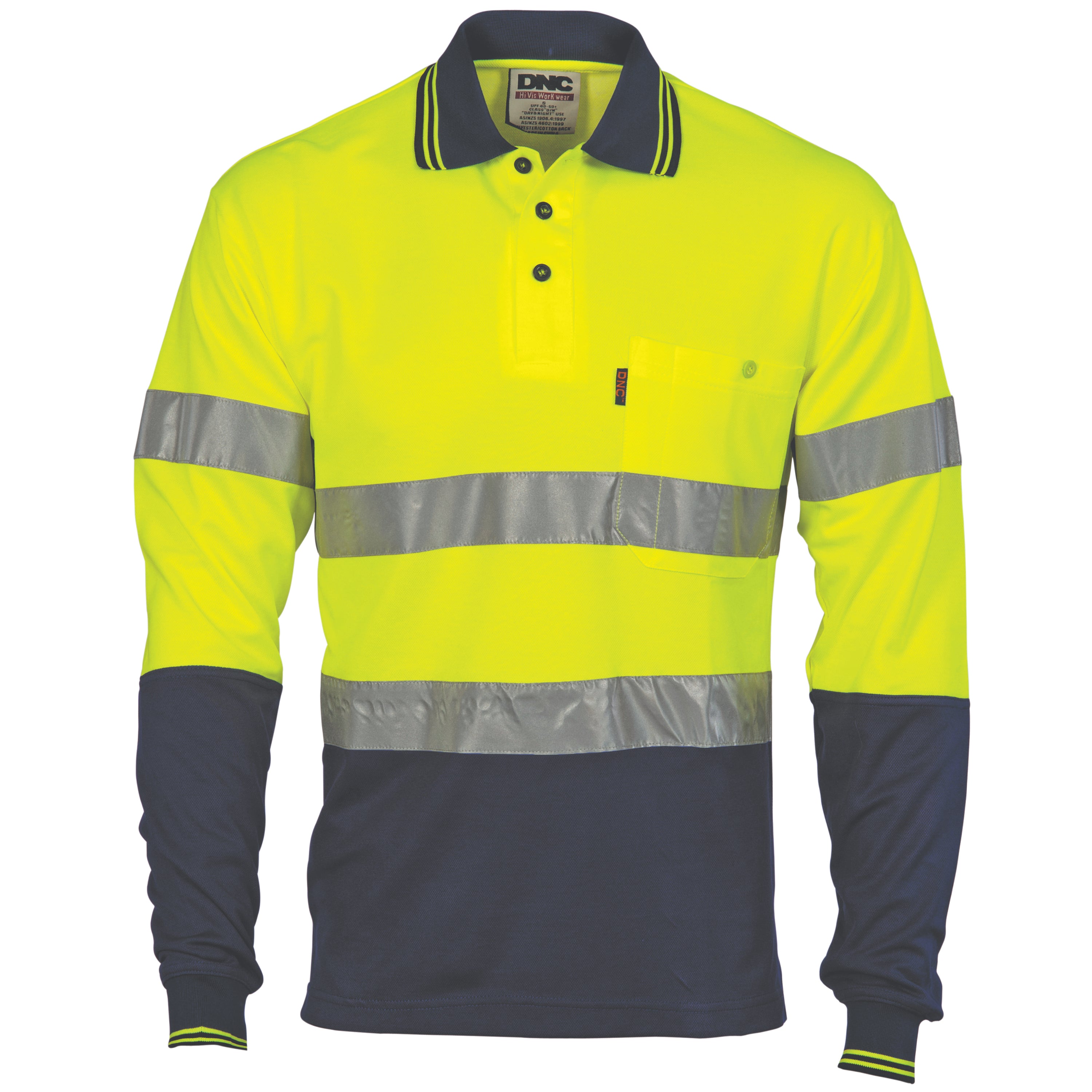 DNC - 3718 - Hi Vis Two Tone Cotton Back Polos with Generic Reflective Tape - Long Sleeve