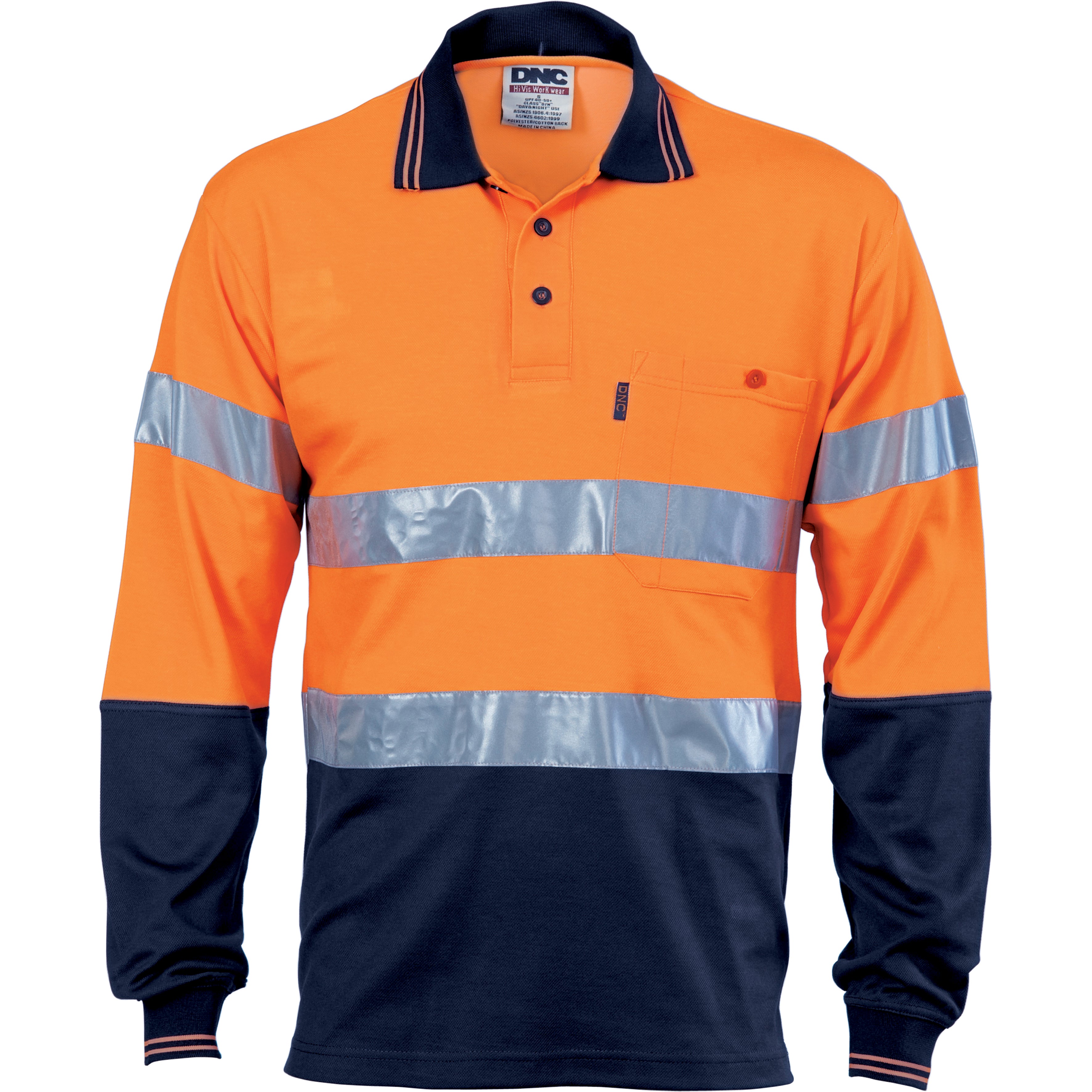 DNC - 3718 - Hi Vis Two Tone Cotton Back Polos with Generic Reflective Tape - Long Sleeve